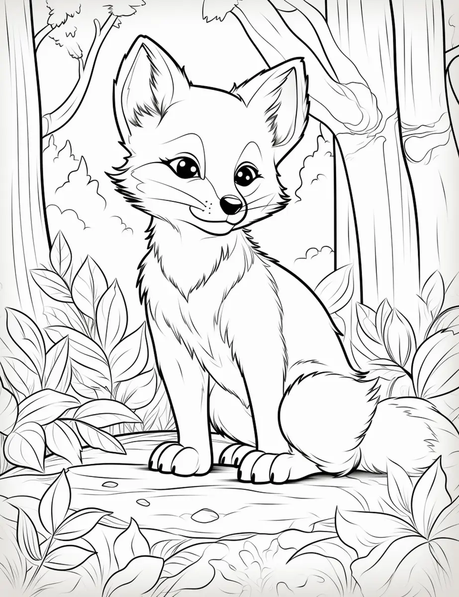 Coloriage renardeau kawaii assis dans le feuillage à imprimer
