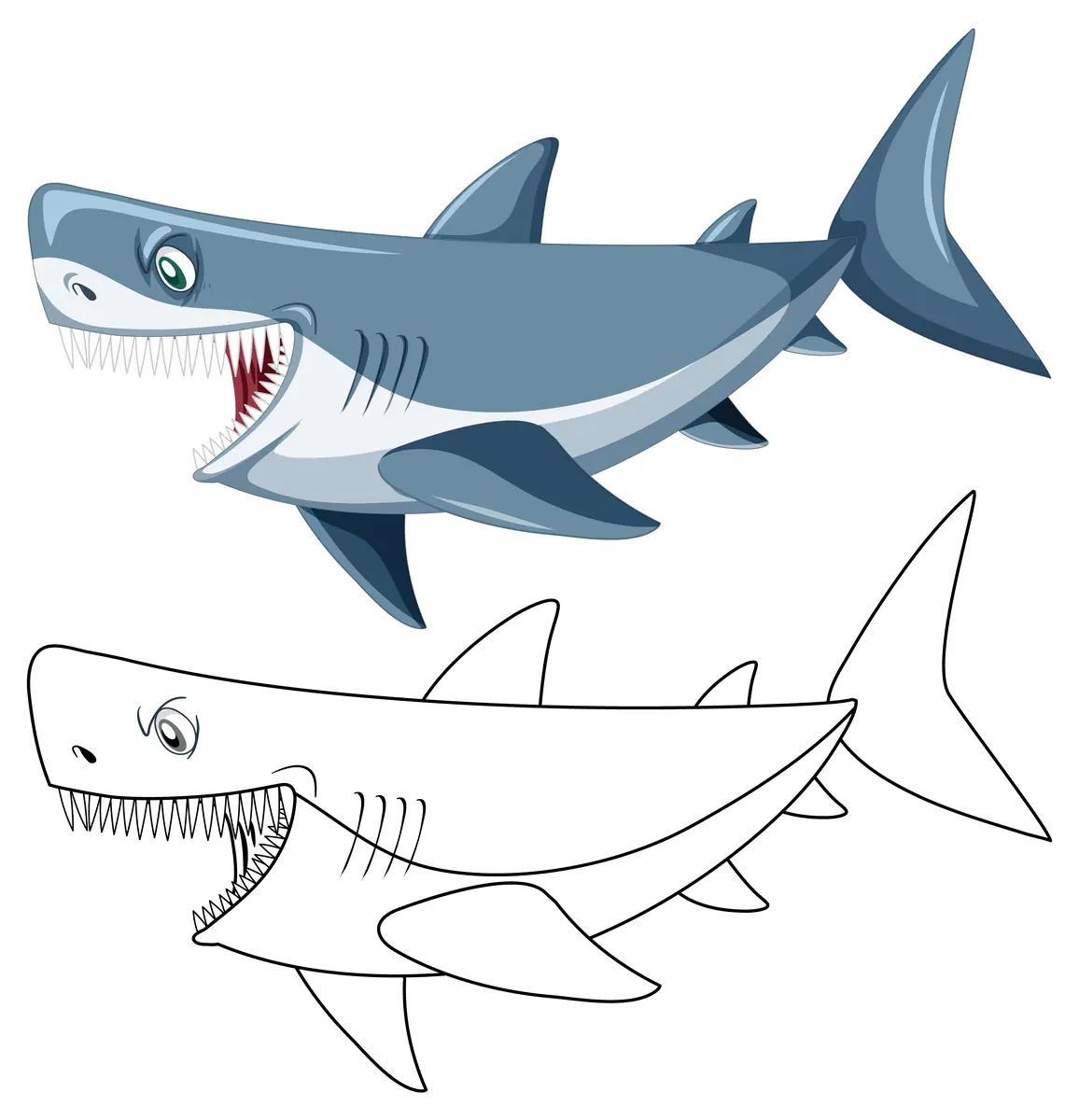 Coloriage requin détaillé avec sa version couleur gris-blanc en modèle à imprimer