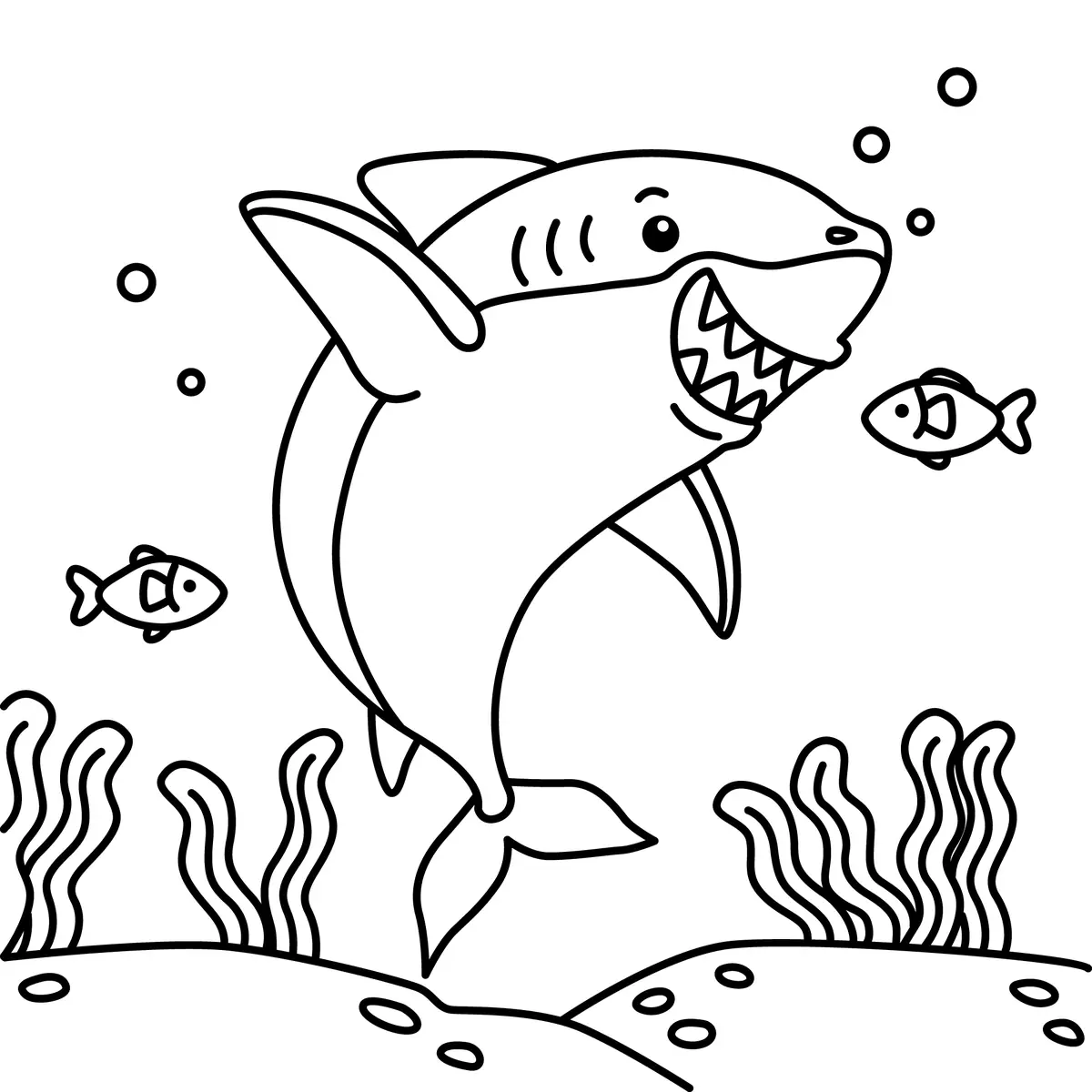 Coloriage requin dynamique qui bondit entouré de petits poissons et d'algues à imprimer
