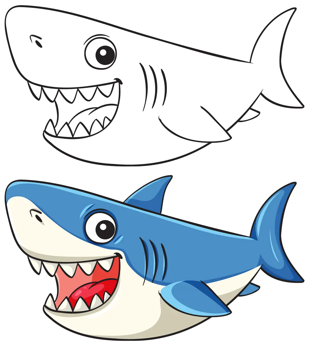 Coloriage requin cartoon avec un modèle coloré bleu en-dessous à imprimer