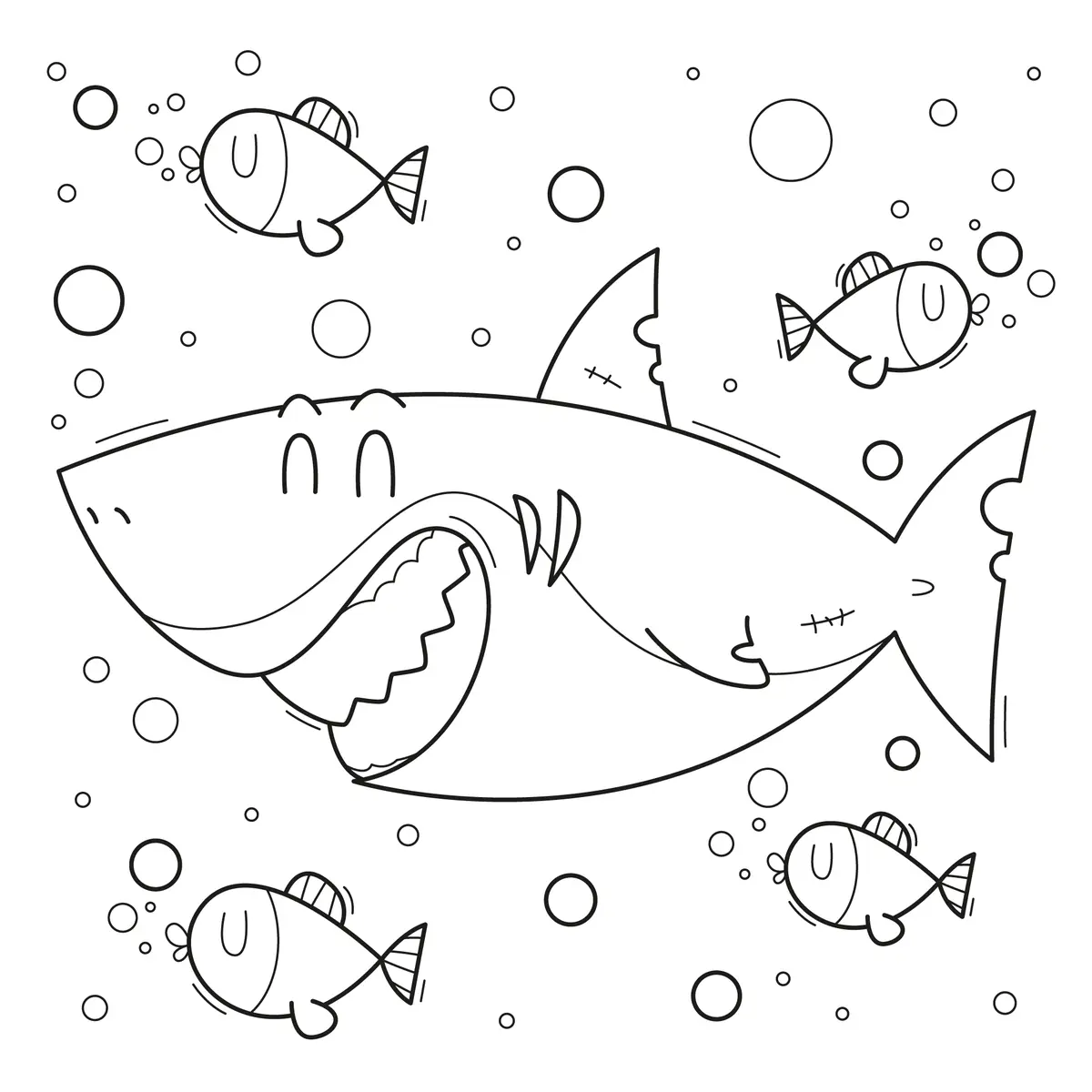 Coloriage requin doodle souriant entouré de quatre petits poissons rigolos et de bulles à imprimer