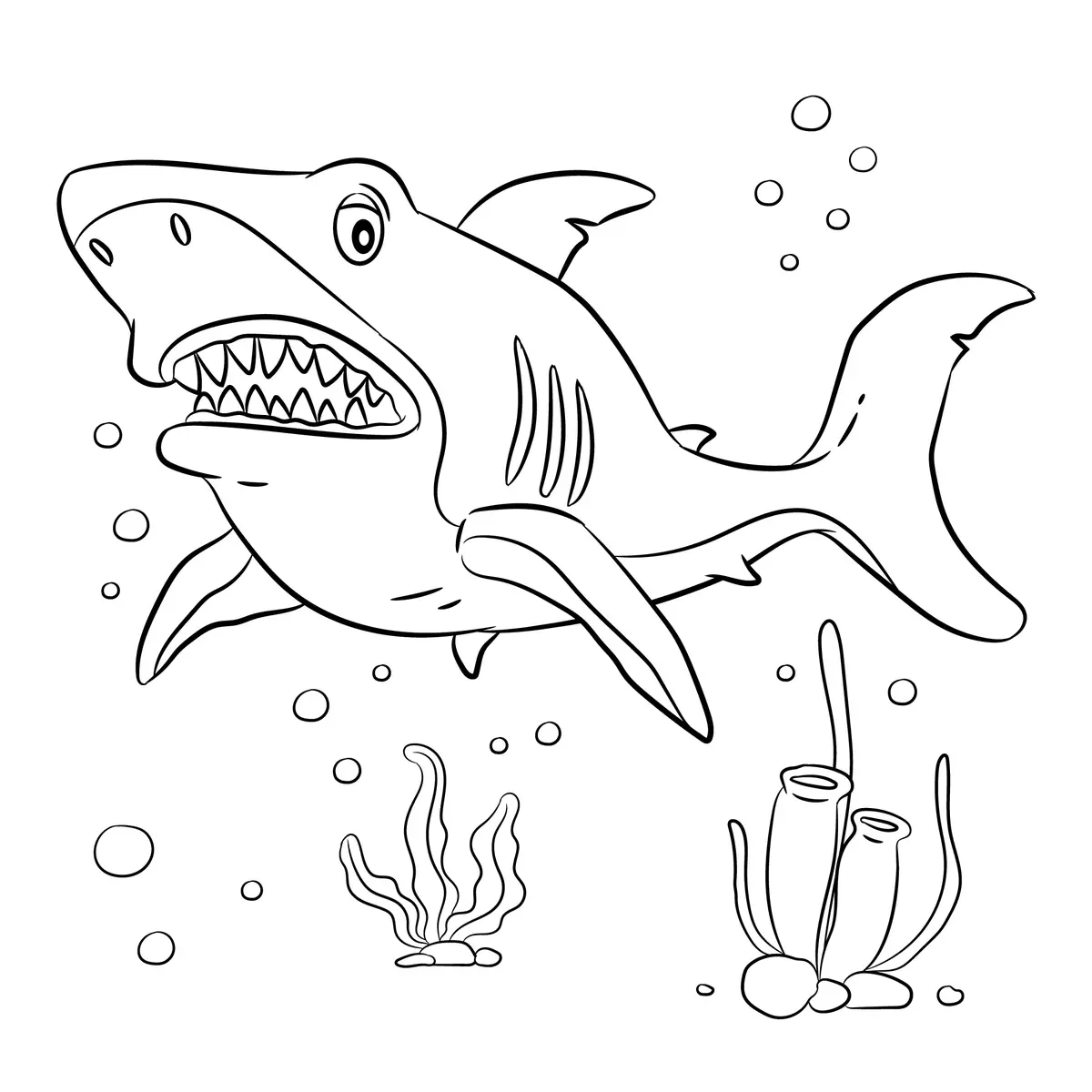 Coloriage requin réaliste avec dents pointues, algues et anémones à imprimer