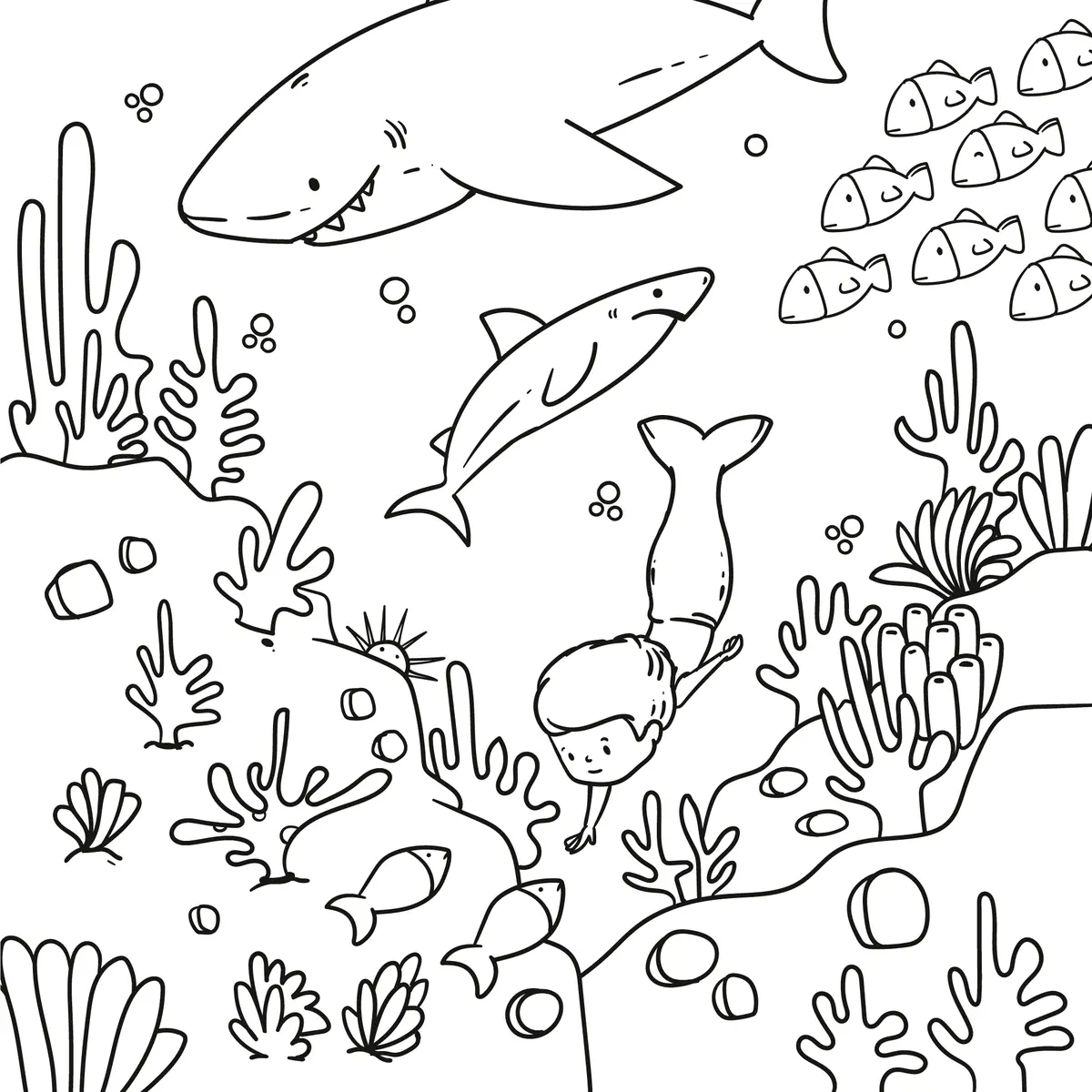 Coloriage scène sous-marine avec deux requins, un plongeur, des poissons et des coraux à imprimer