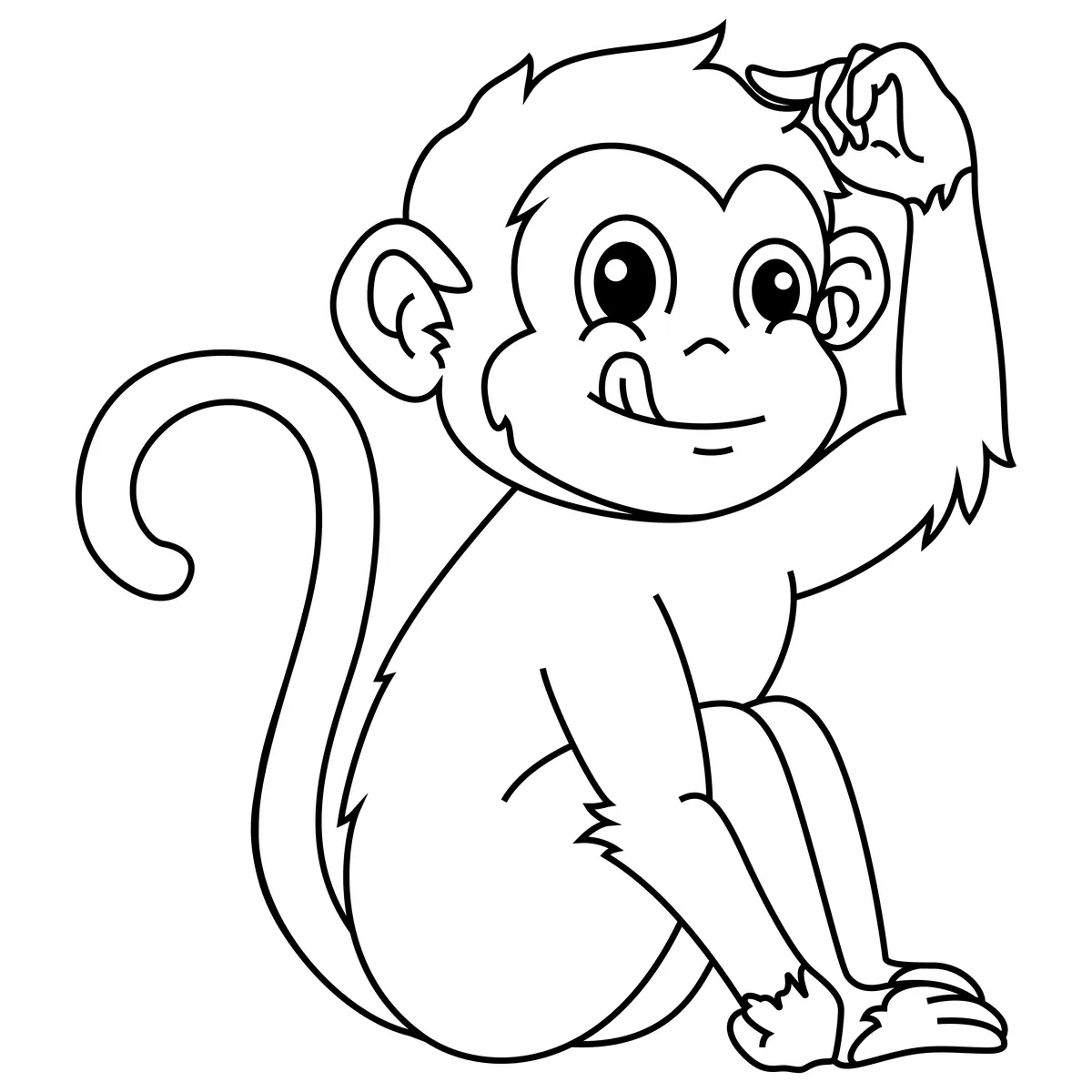 Coloriage singe cartoon malicieux qui se gratte la tête à imprimer