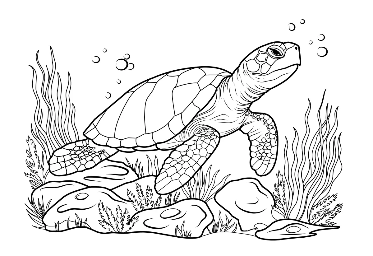 Coloriage tortue de mer realiste sur rochers a imprimer