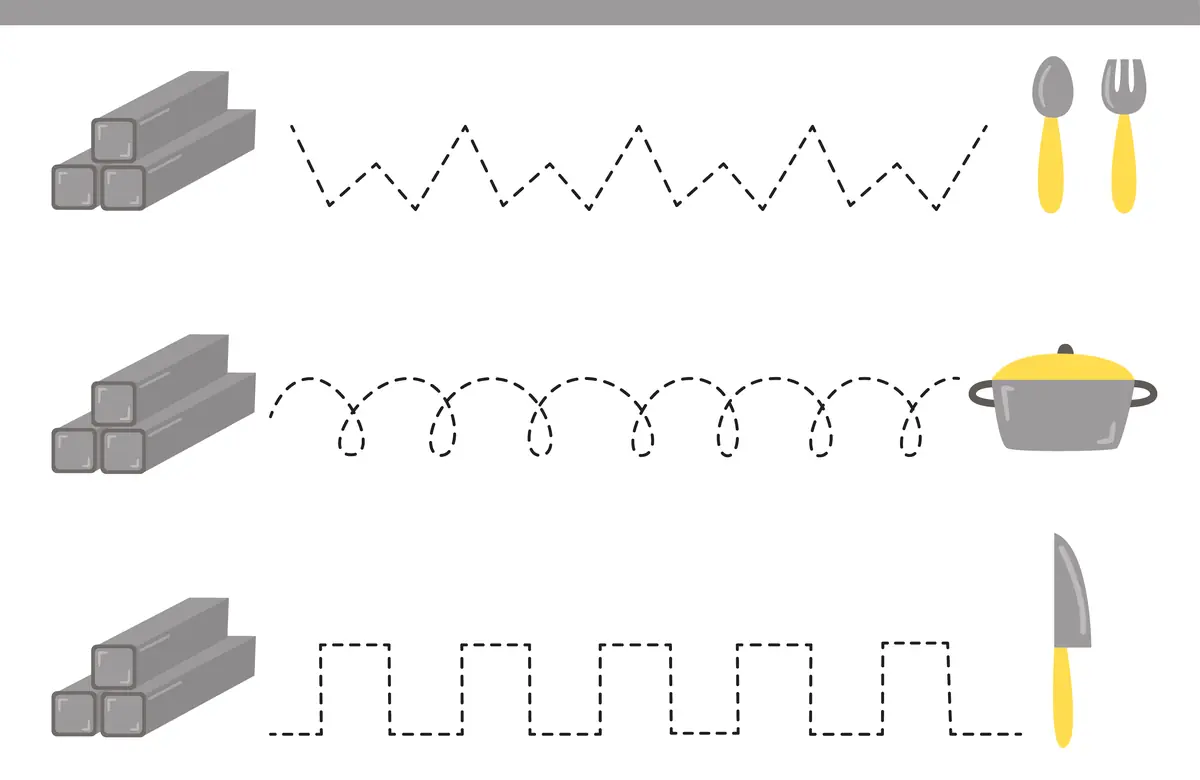 Fiche traces mixtes zigzag, boucles et creneaux avec ustensiles a imprimer
