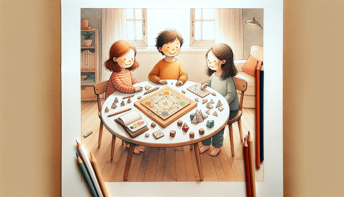 Enfants jouant a des jeux de societe et activites manuelles autour d'une table en bois