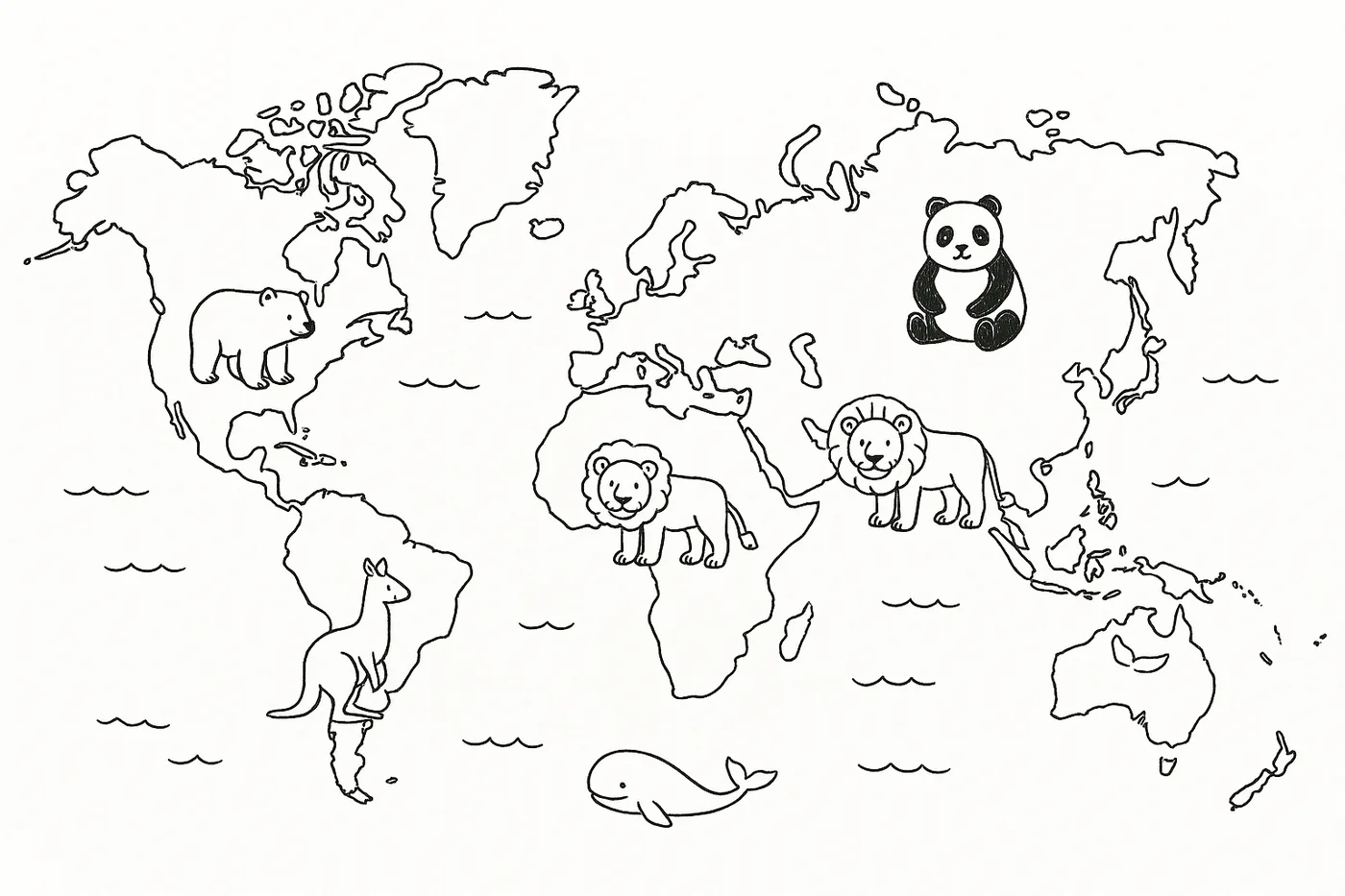 Carte du monde a colorier a imprimer pour enfants, continents et animaux en coloriage