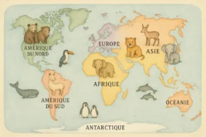 Carte du monde des animaux illustree pour enfants a imprimer, chaque continent avec ses animaux et son nom en francais