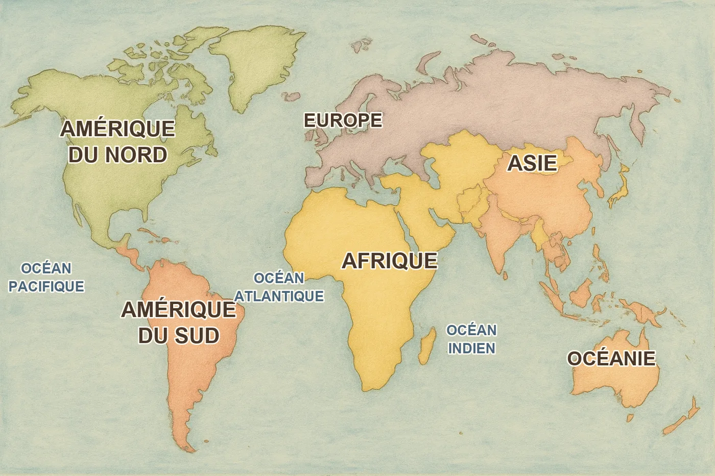 Carte du monde des continents et des oceans a imprimer pour enfants, noms en francais