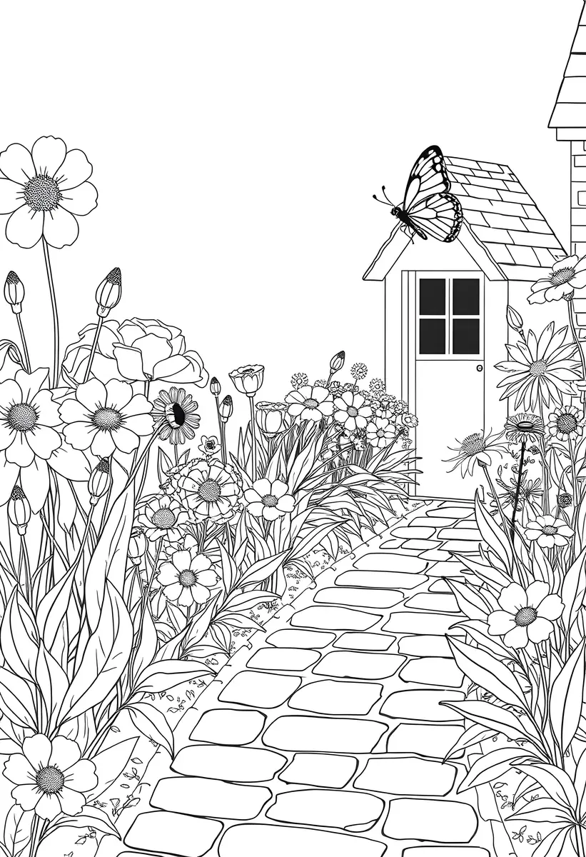 coloriage allee de jardin fleurie vers la maison a imprimer