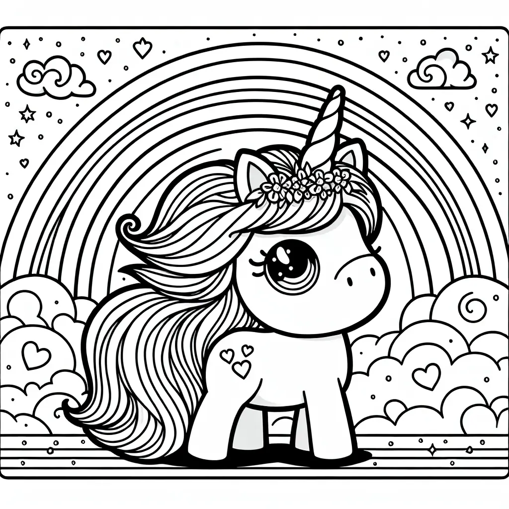 coloriage licorne sous arc-en-ciel a imprimer