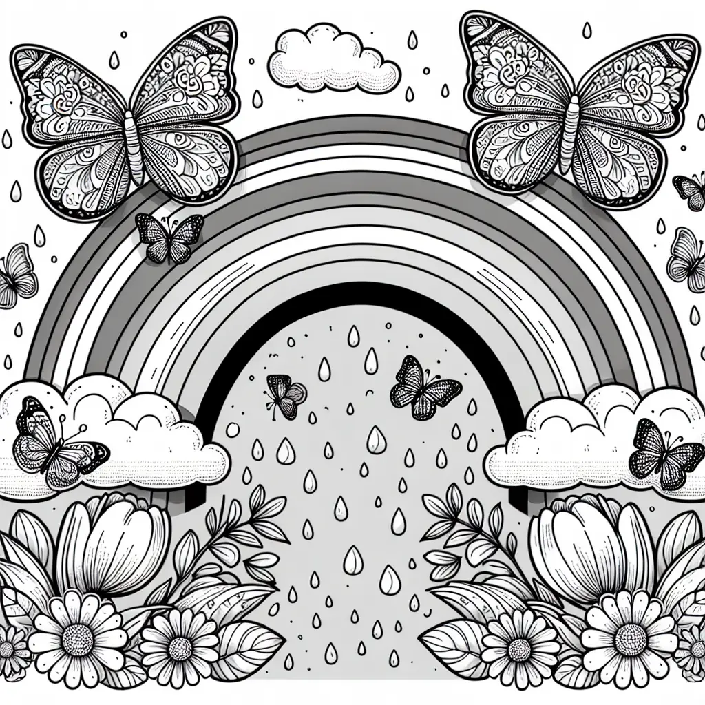 coloriage arc-en-ciel et papillons avec fleurs a imprimer