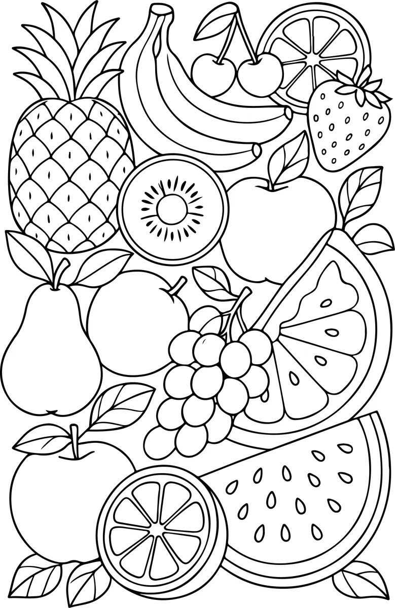 Coloriage d'un assortiment de fruits frais à imprimer