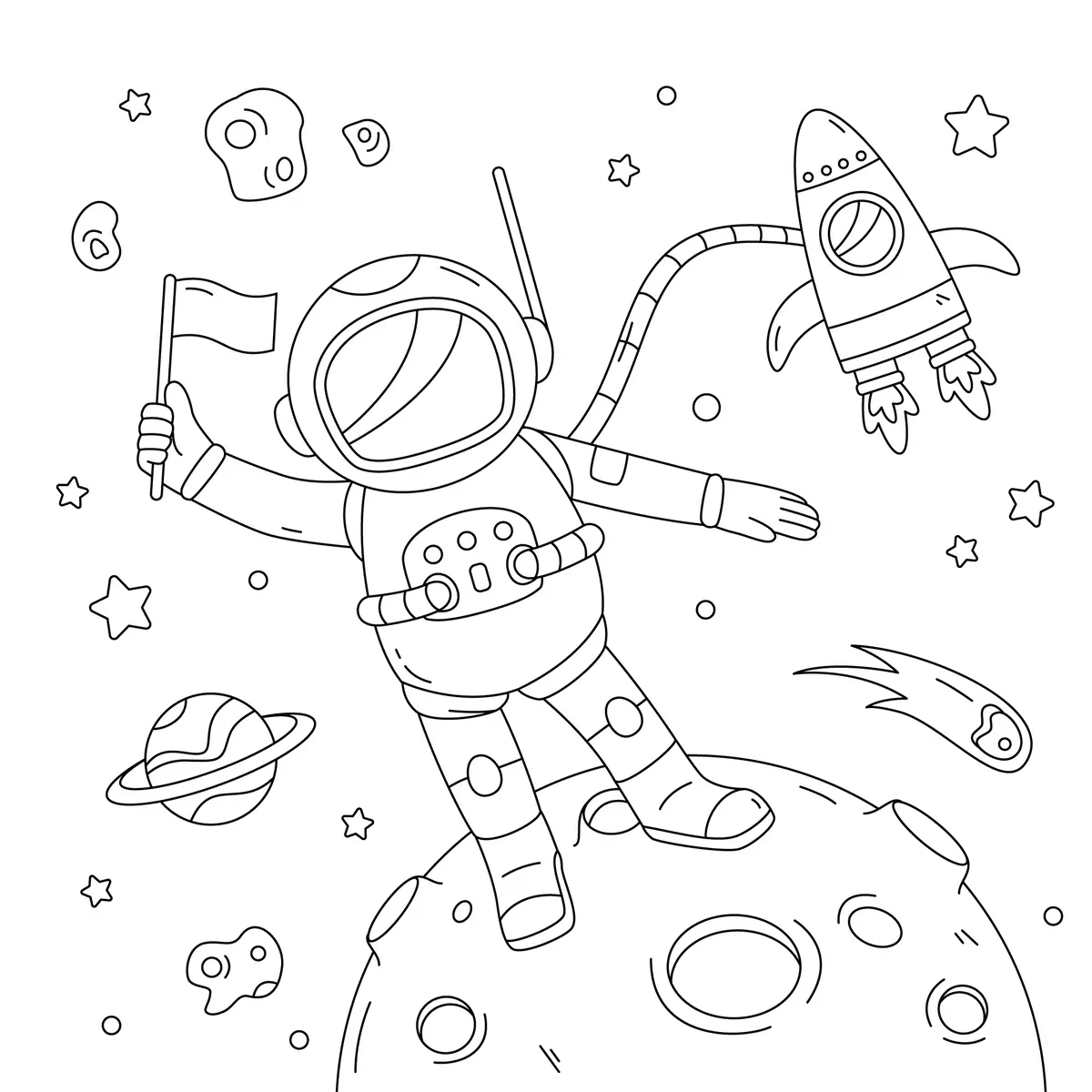 coloriage astronaute et drapeau dans l'espace à imprimer