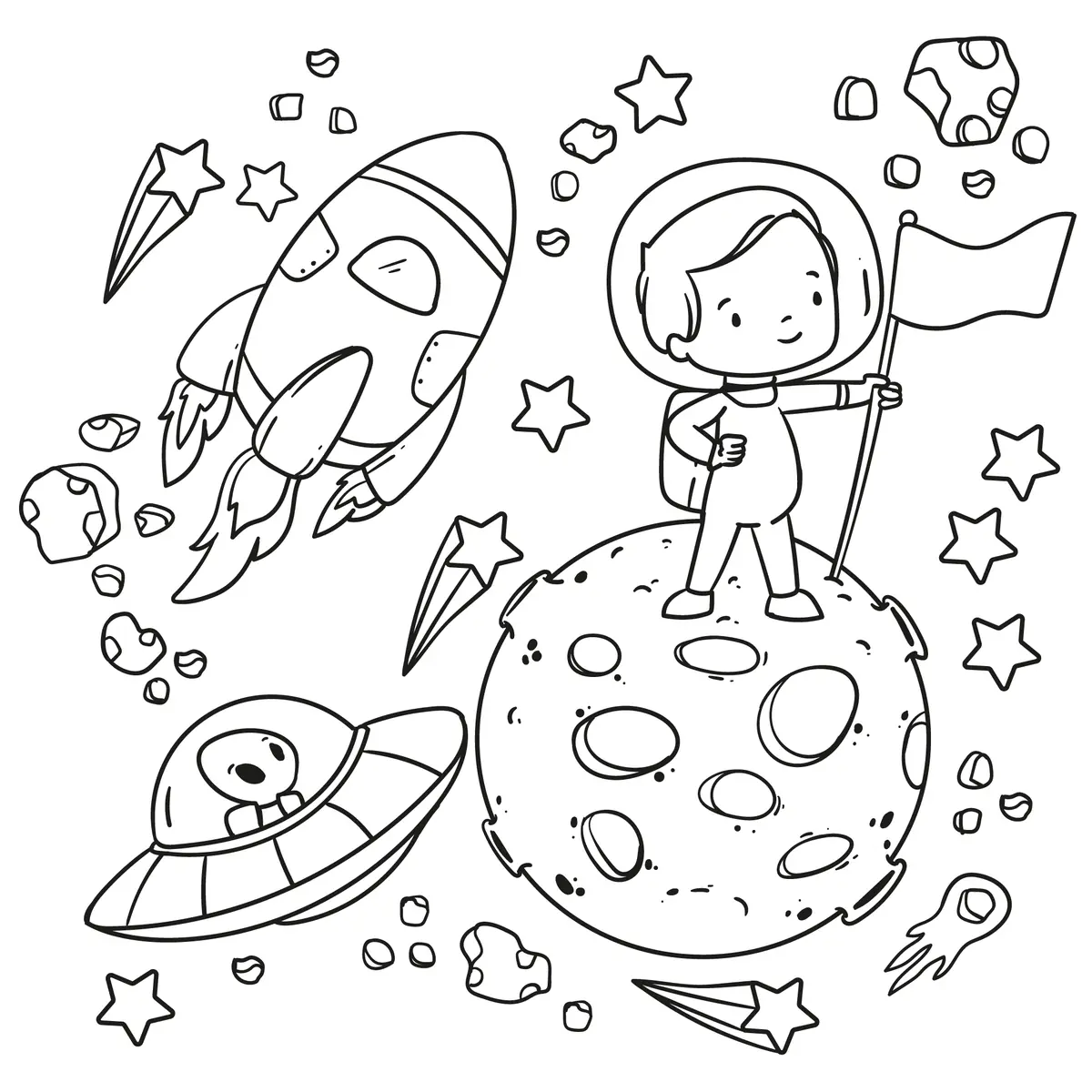 coloriage astronaute fusée et soucoupe volante à imprimer