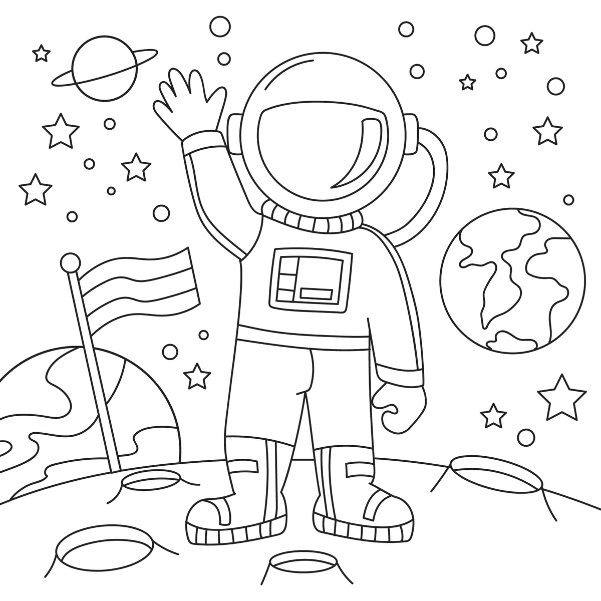 coloriage astronaute sur la Lune face à la Terre à imprimer