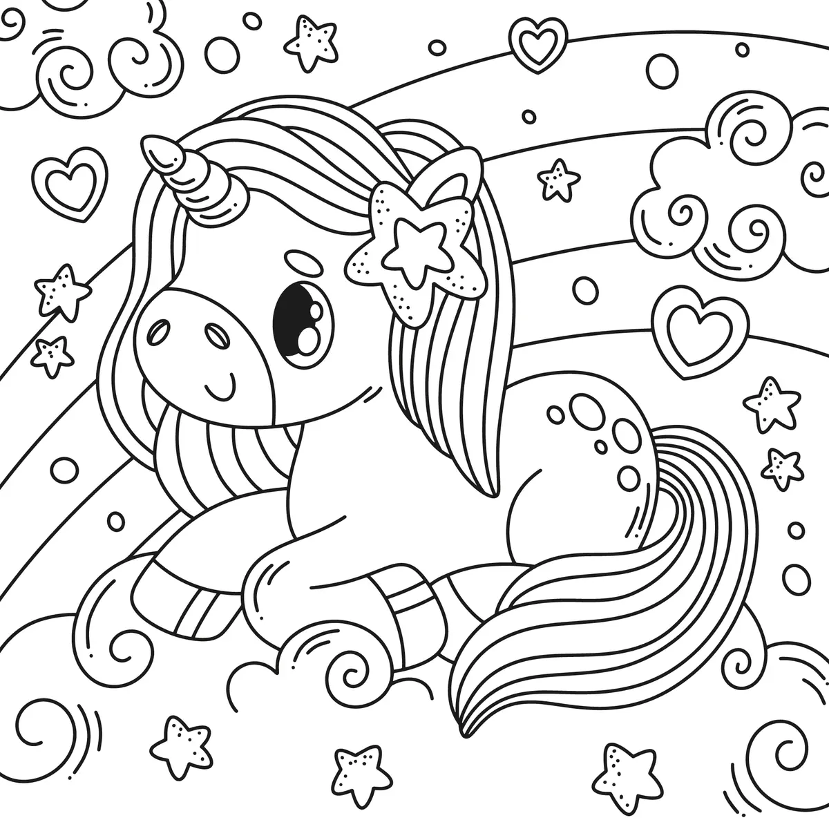 coloriage bebe licorne allonge devant un arc-en-ciel avec des etoiles a imprimer