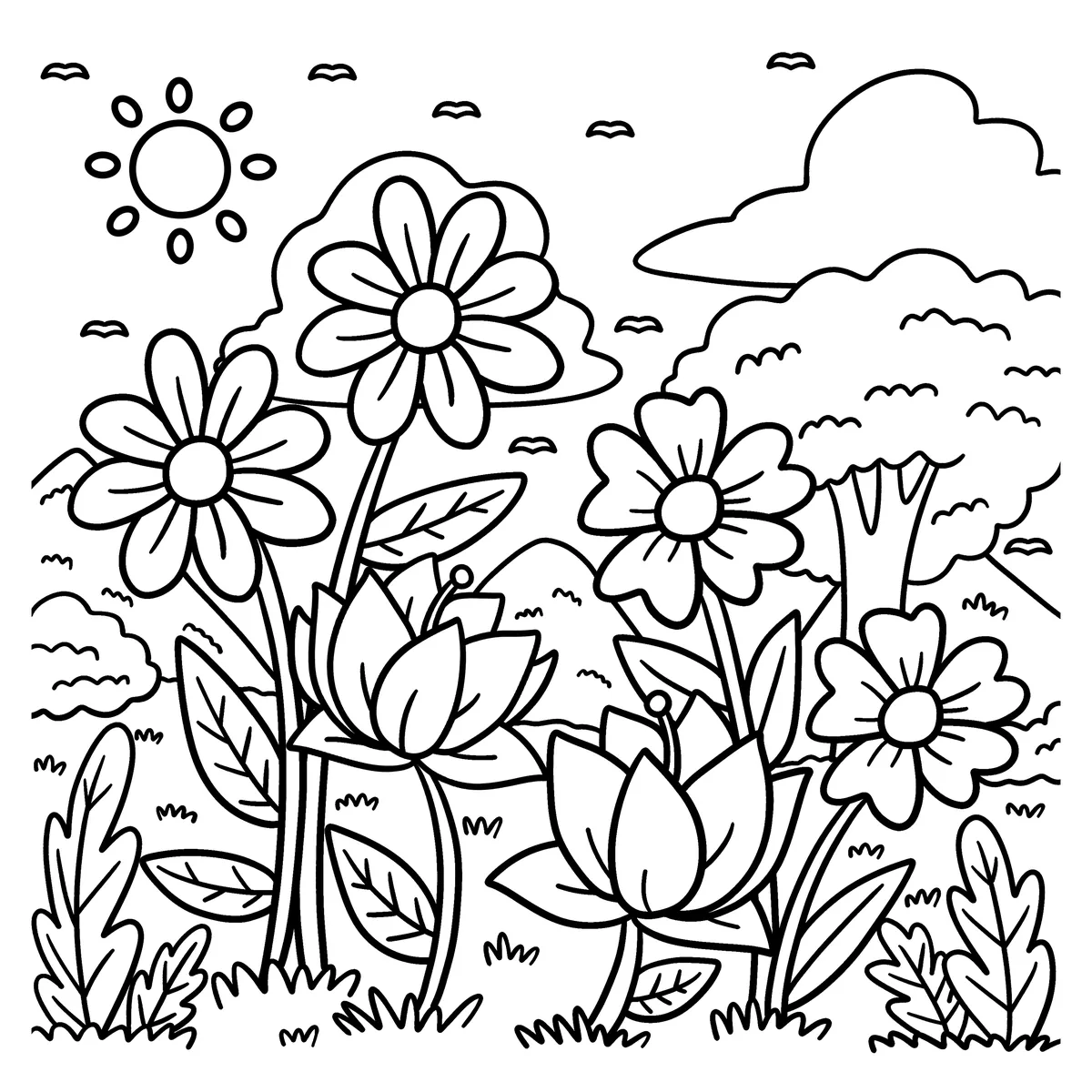 coloriage champ de fleurs au soleil a imprimer