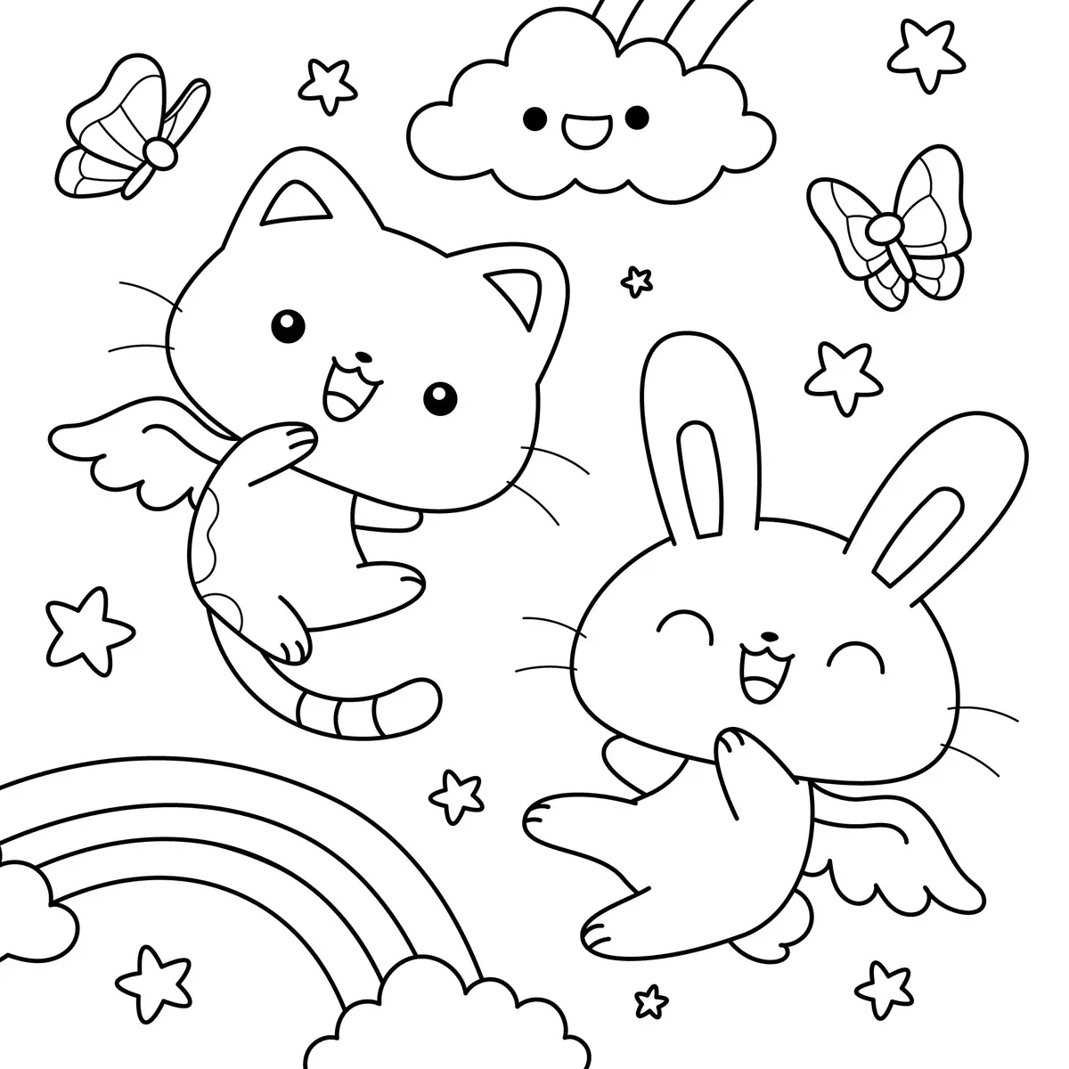coloriage chat et lapin kawaii ailes avec un arc-en-ciel a imprimer
