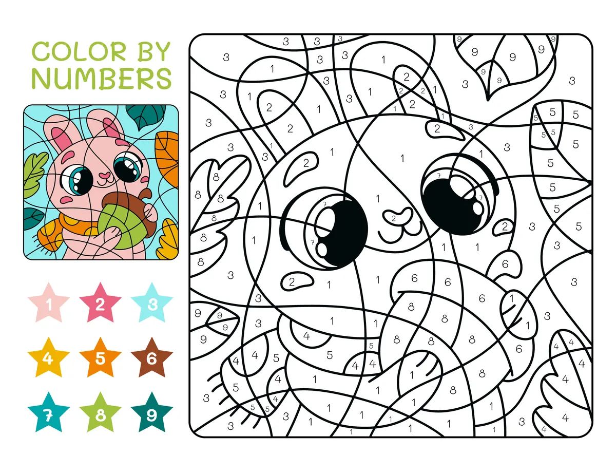 Coloriage codé d'un chaton et son gland à imprimer (9 couleurs)