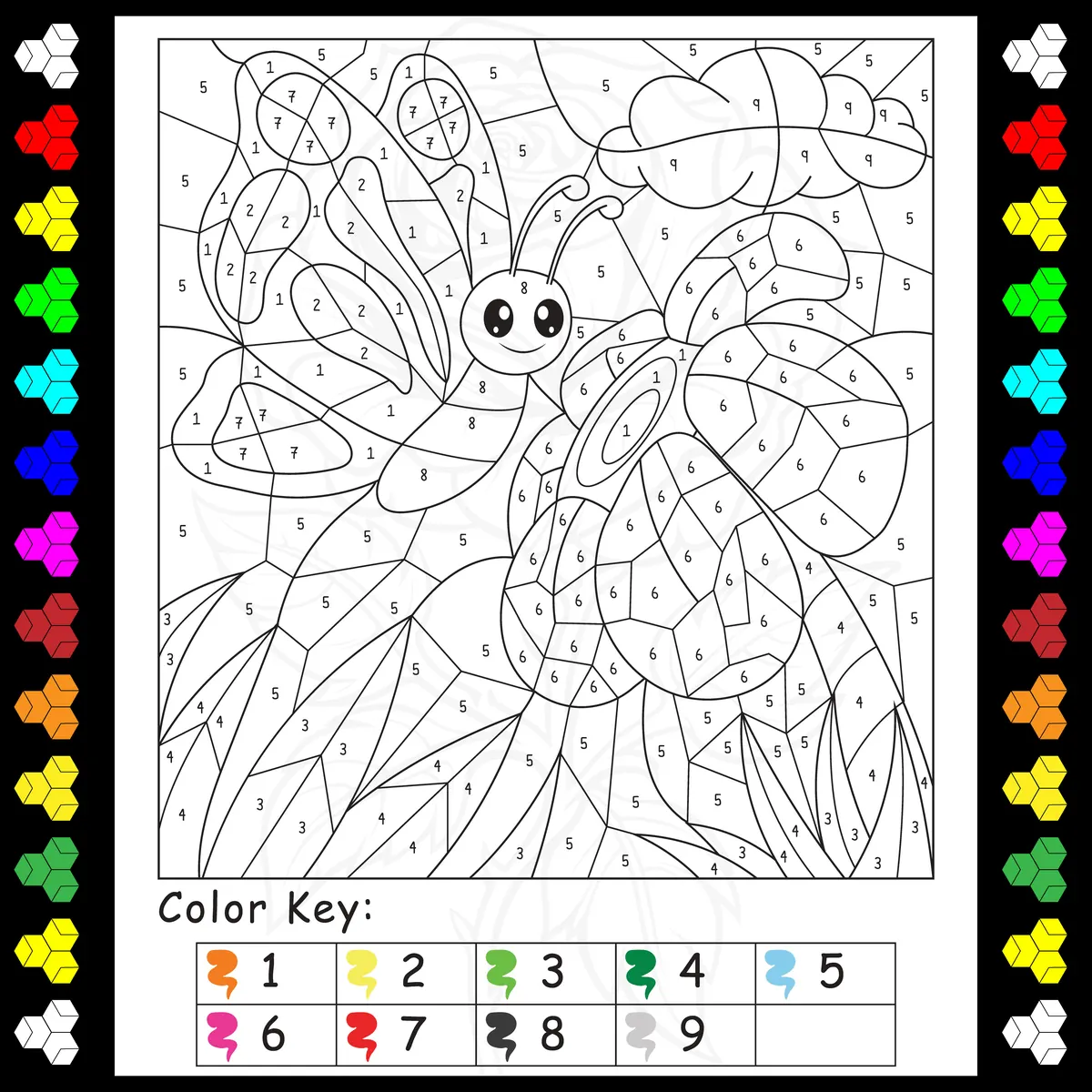 Coloriage codé d'un papillon dans les fleurs à imprimer (9 couleurs)