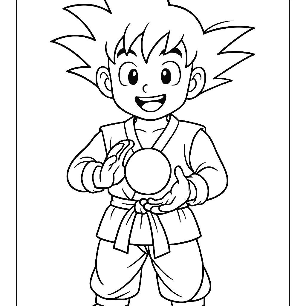 Coloriage Dragon Ball à imprimer : héros tenant une boule d'énergie