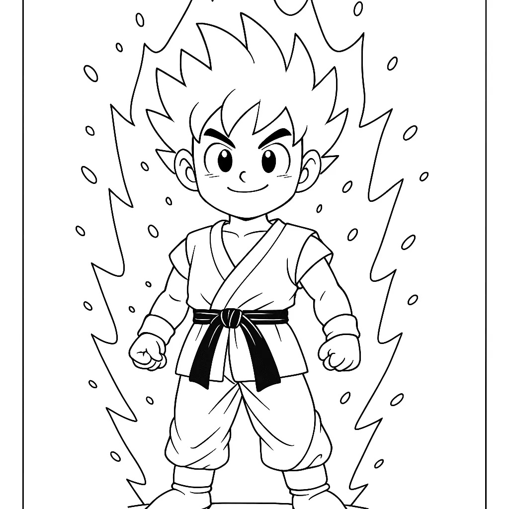 Coloriage Dragon Ball à imprimer : jeune guerrier avec son aura d'énergie