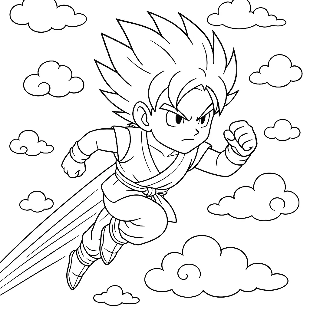 Coloriage Dragon Ball à imprimer : héros volant dans le ciel