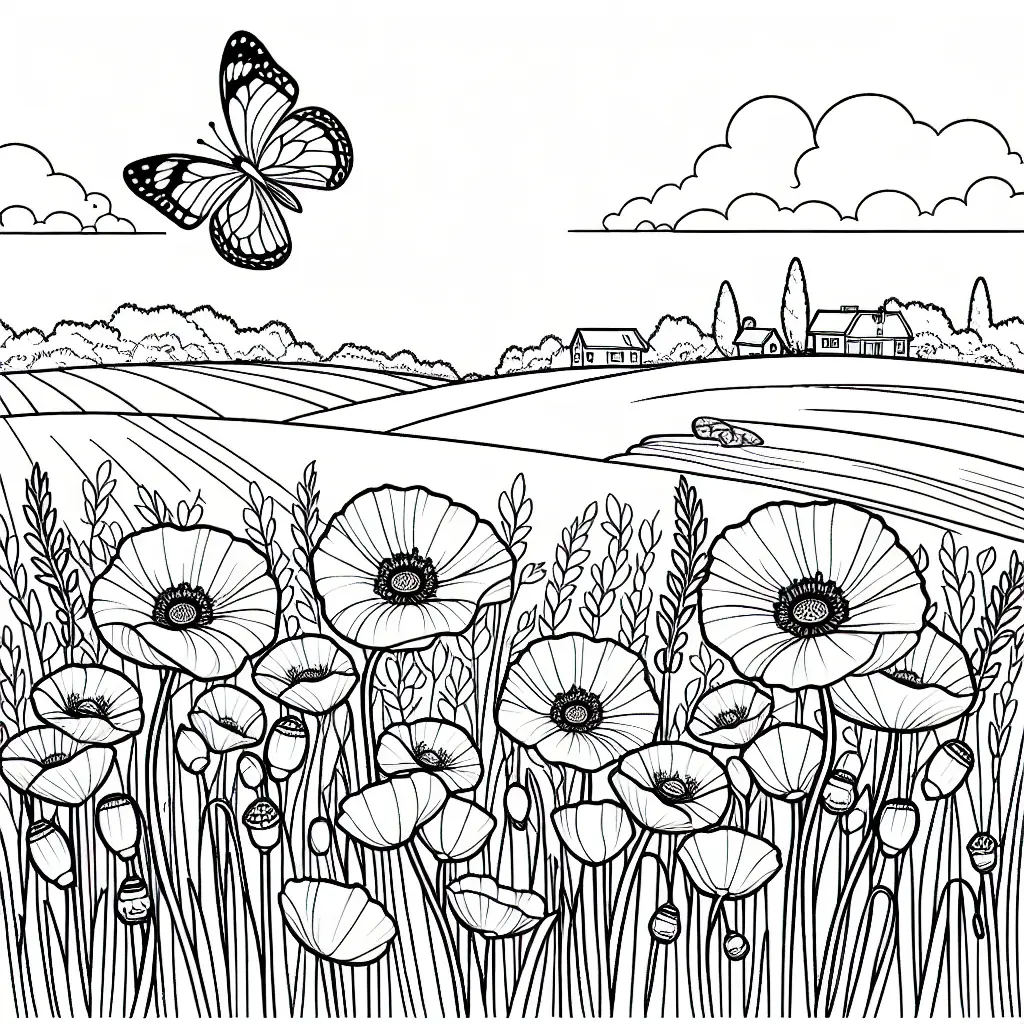 coloriage champ de coquelicots a imprimer