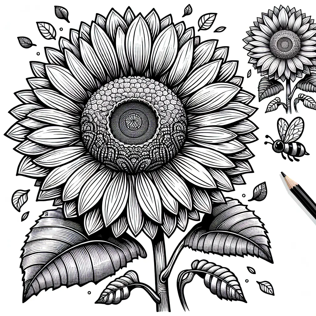 coloriage tournesol et abeille butineuse a imprimer