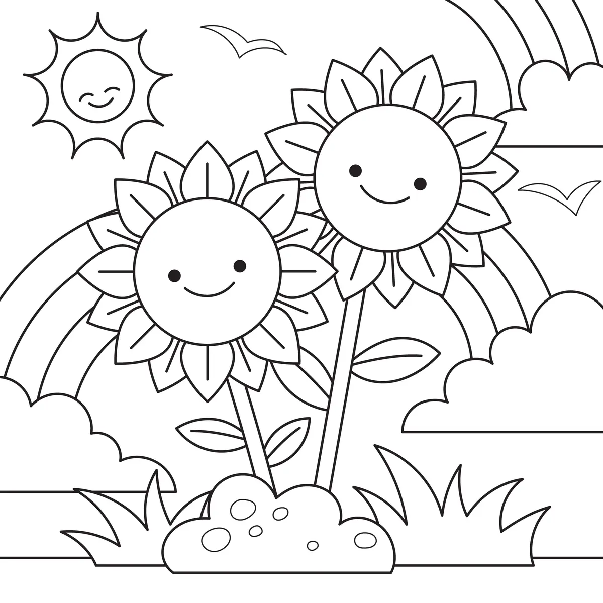 coloriage fleurs kawaii souriantes sous un arc-en-ciel a imprimer