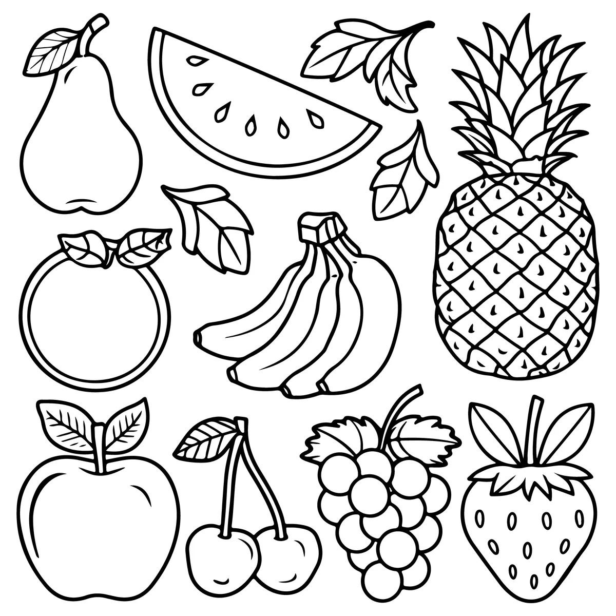 Coloriage de fruits du verger avec ananas à imprimer