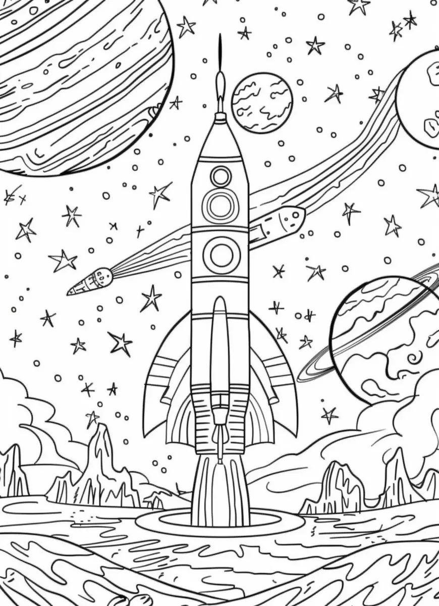 coloriage fusée qui décolle d'une planète à imprimer