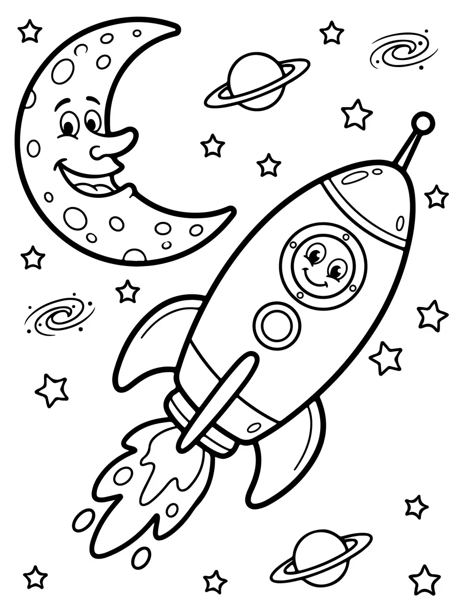 coloriage fusée et Lune souriante à imprimer