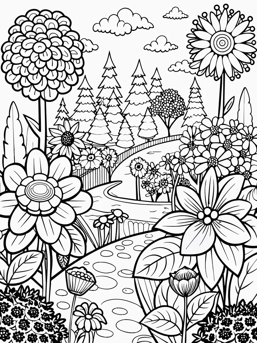 coloriage grand jardin paysager rempli de fleurs a imprimer