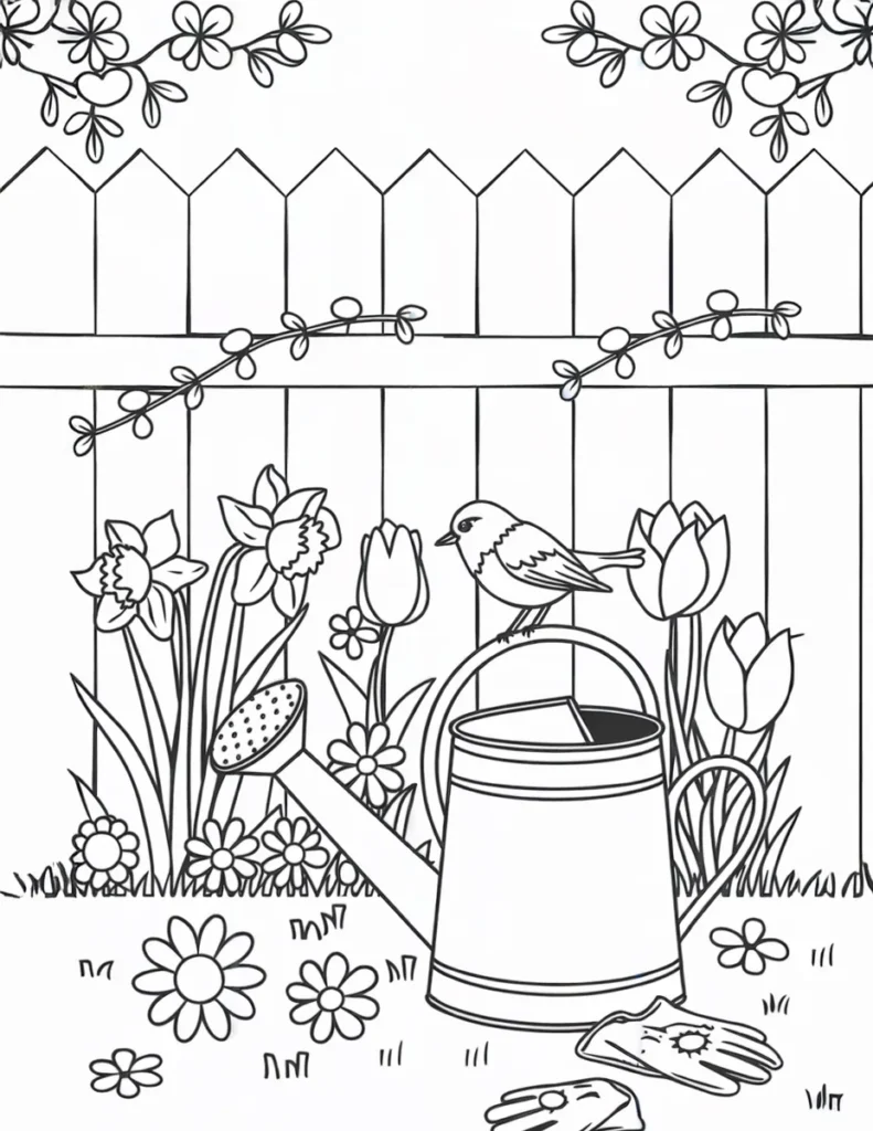 coloriage jardin printanier avec arrosoir oiseau et fleurs a imprimer