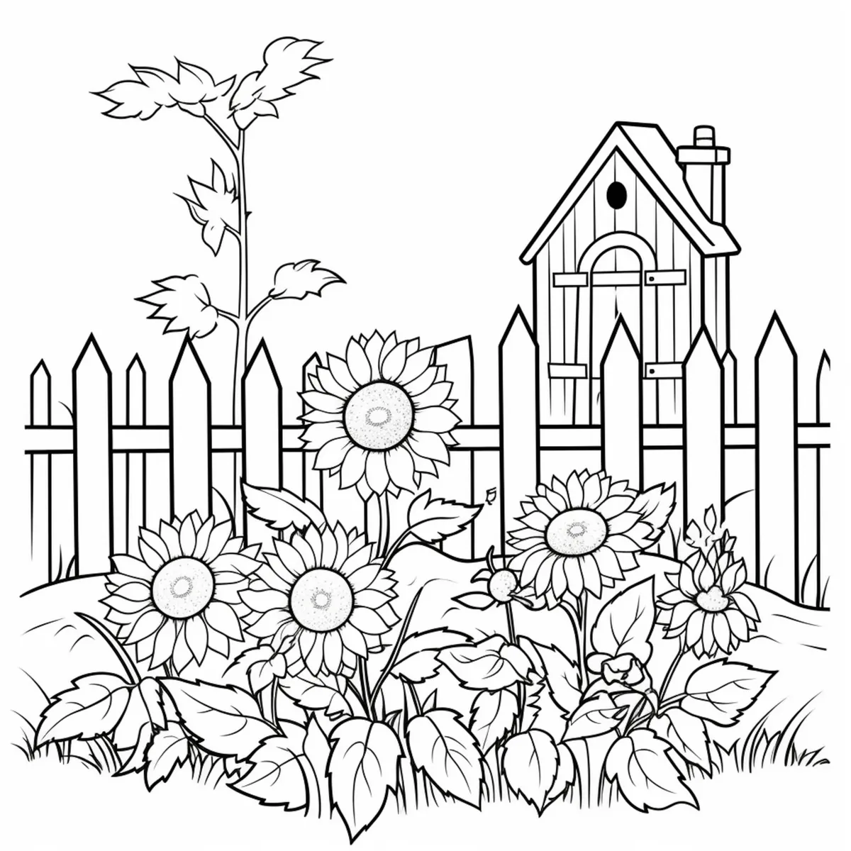 coloriage jardin avec tournesols et nichoir a imprimer