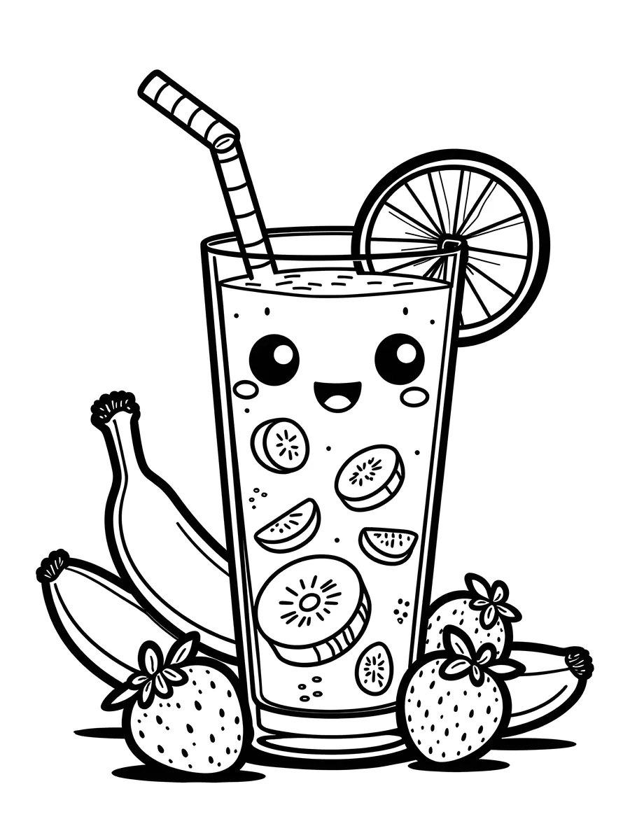 Coloriage d'un grand verre de jus de fruits kawaii à imprimer