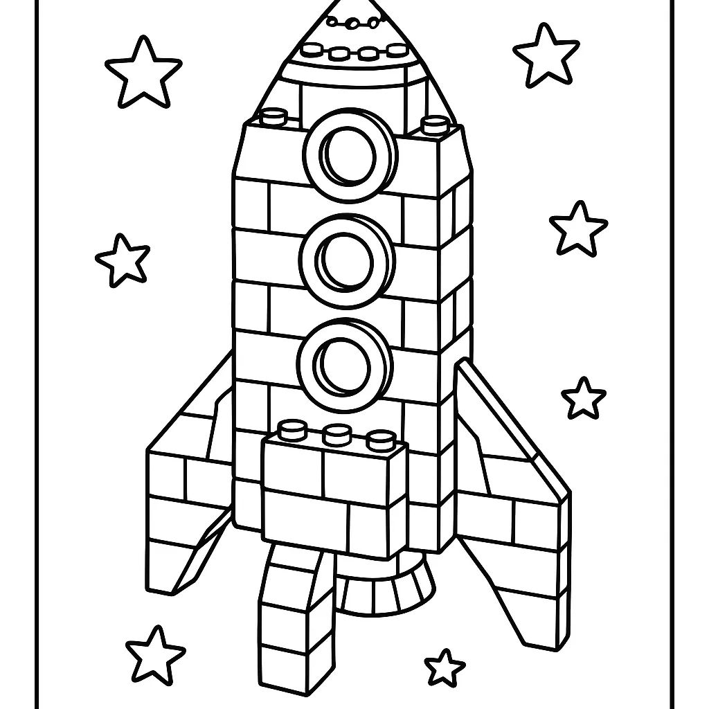 Coloriage Lego à imprimer : fusée en briques de construction