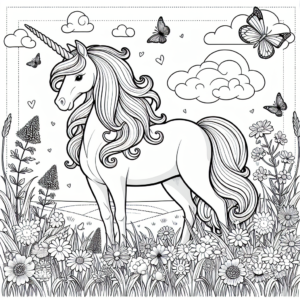 coloriage licorne dans la prairie fleurie a imprimer
