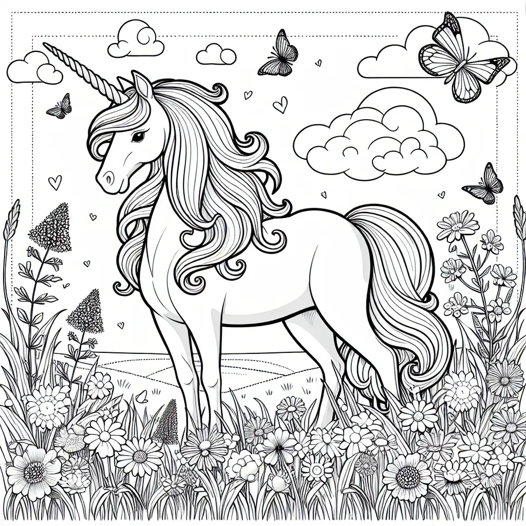 coloriage licorne dans la prairie fleurie a imprimer