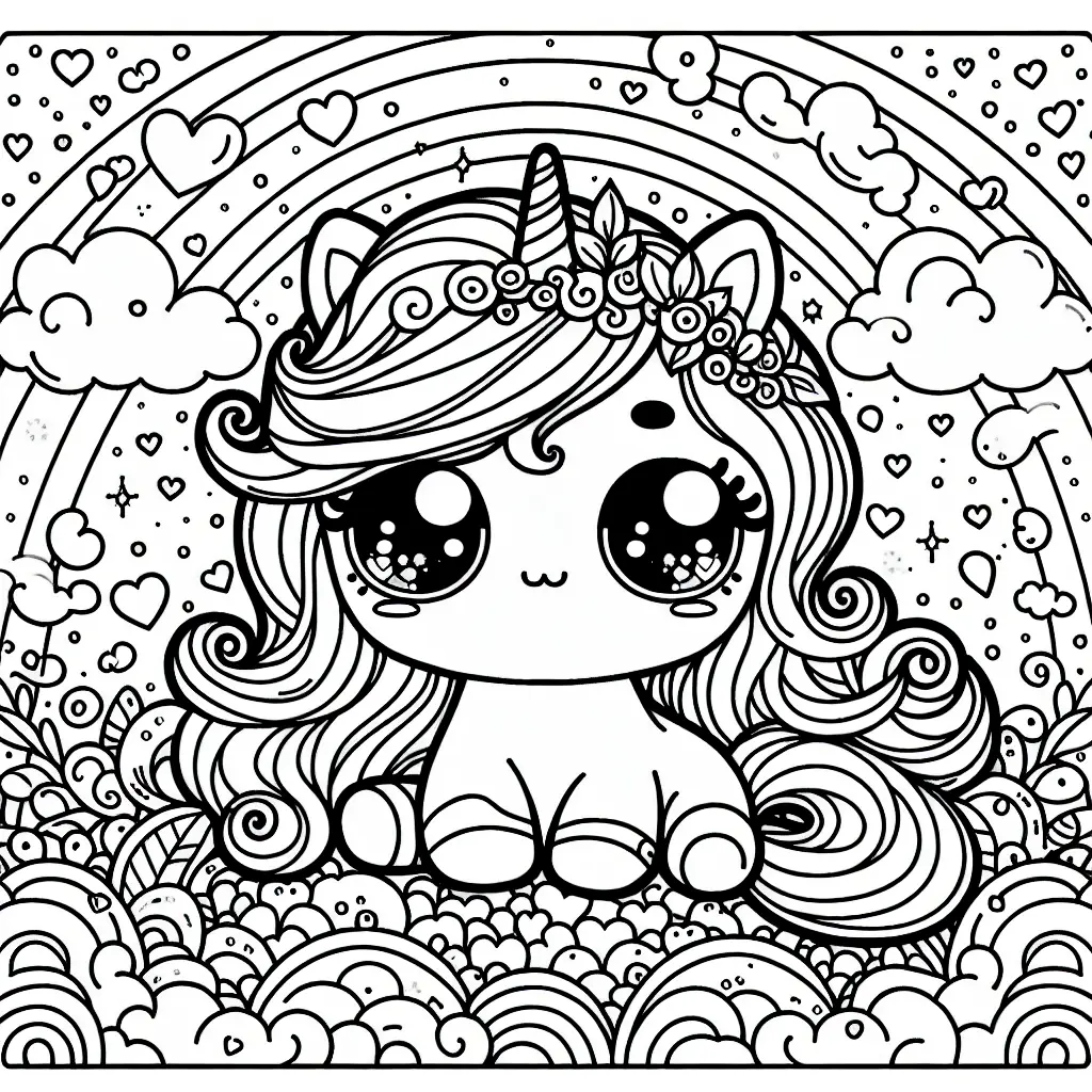 coloriage licorne kawaii avec petits coeurs a imprimer