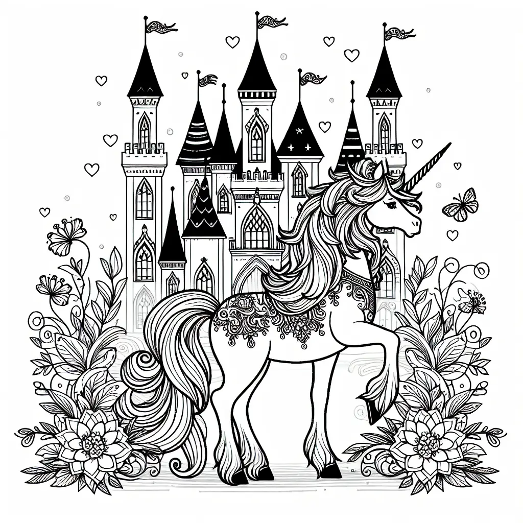 coloriage licorne devant le chateau de princesse a imprimer