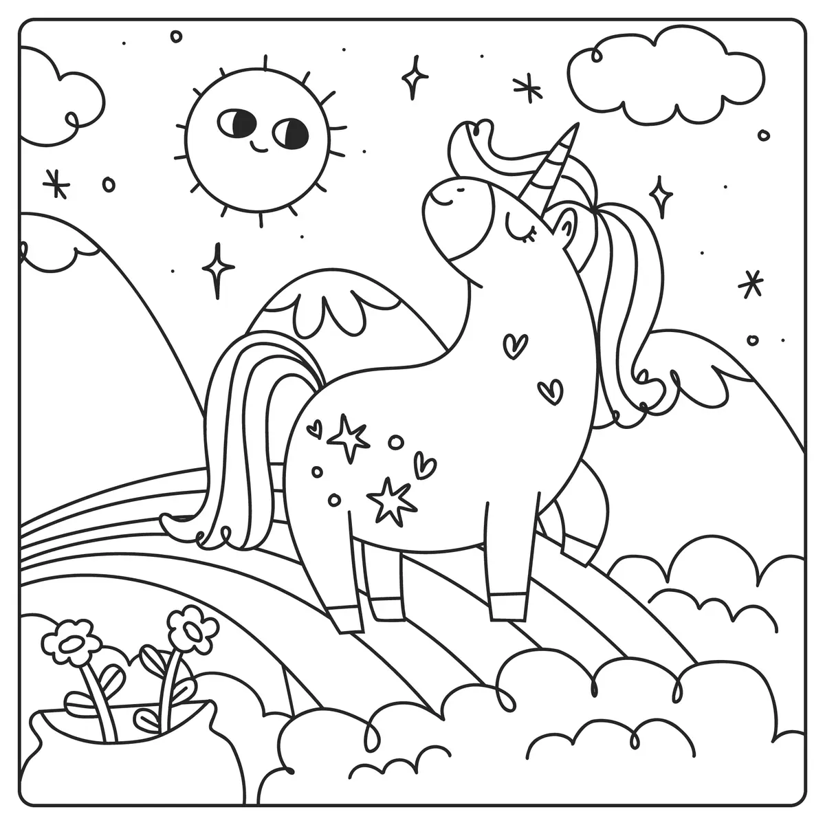 coloriage licorne ailee sur un arc-en-ciel avec un pot fleuri a imprimer