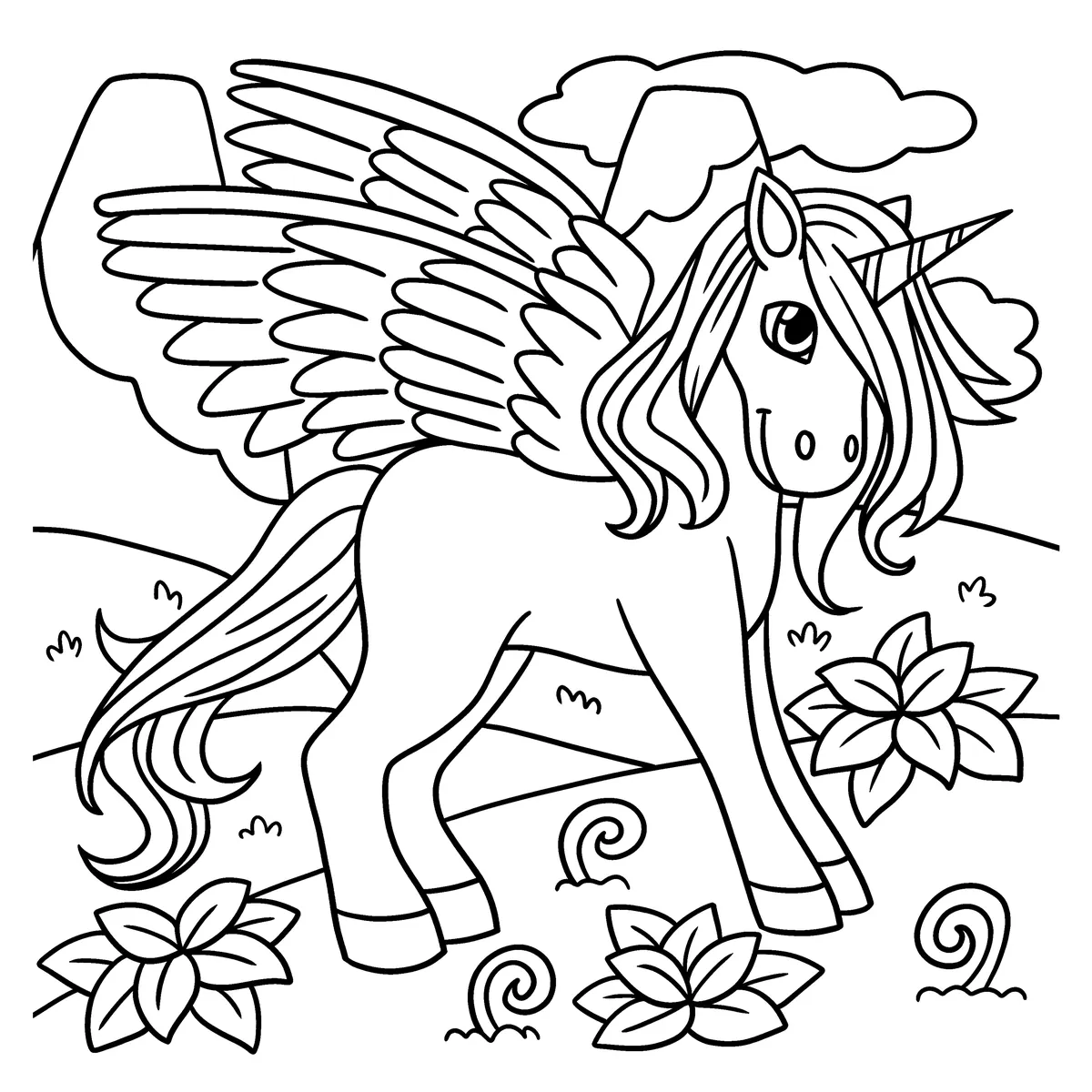 Coloriage de licorne ailée dans une prairie fleurie à imprimer (My Little Pony)
