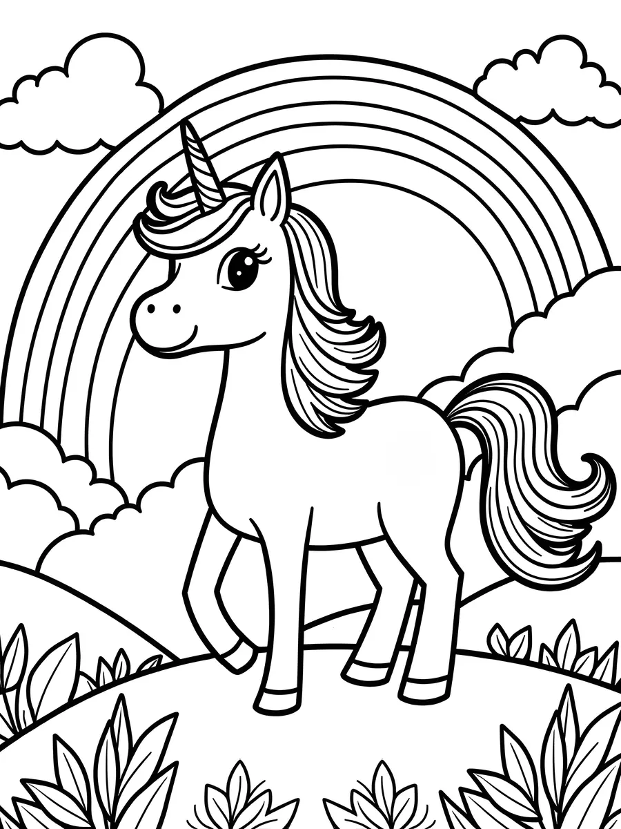 coloriage licorne devant un arc-en-ciel avec des nuages a imprimer