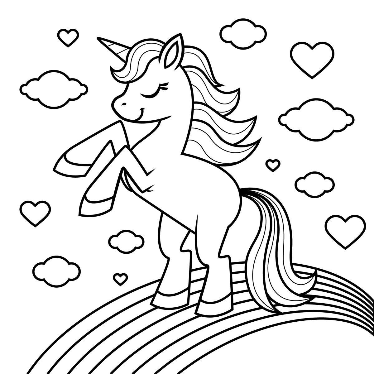 Coloriage de licorne cabrée avec des cœurs à imprimer (My Little Pony)