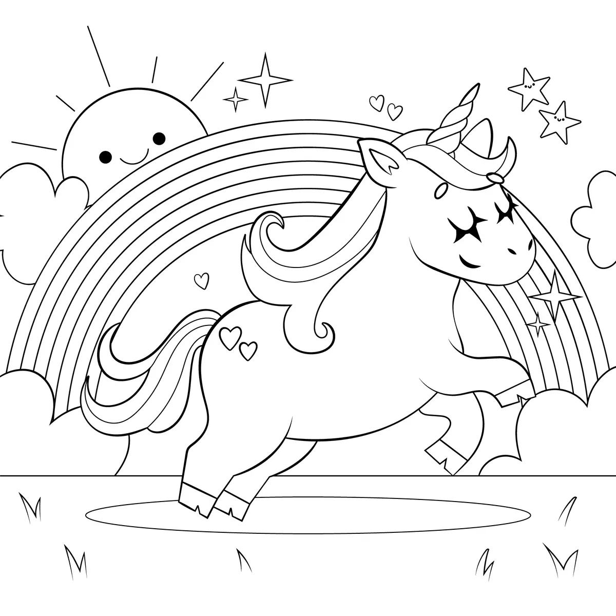 coloriage licorne qui saute devant un grand arc-en-ciel et un soleil a imprimer