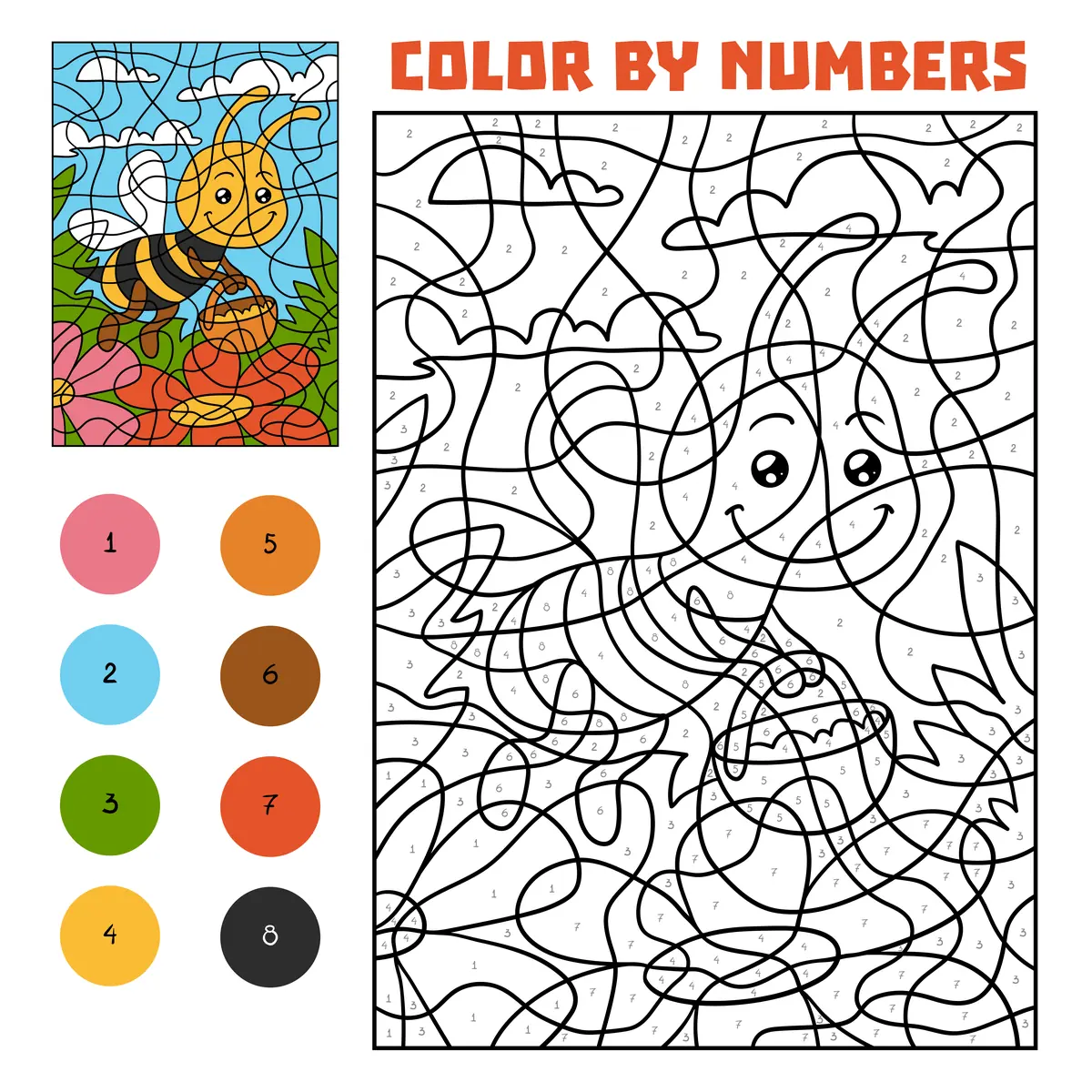 Coloriage magique d'une abeille butineuse à imprimer (8 couleurs)